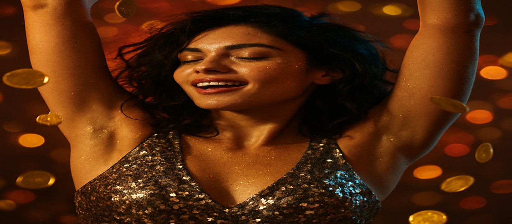 kg9999-এর এভিয়েটর গেমে জয়ের আনন্দে উচ্ছ্বসিত এক নারী, চারপাশে স্বর্ণমুদ্রা উড়ে বেড়াচ্ছে